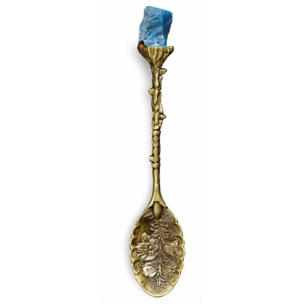 Vintage Crystal Stone Spoon Bronze Floral Tea Spoon with Twig Handle NIB